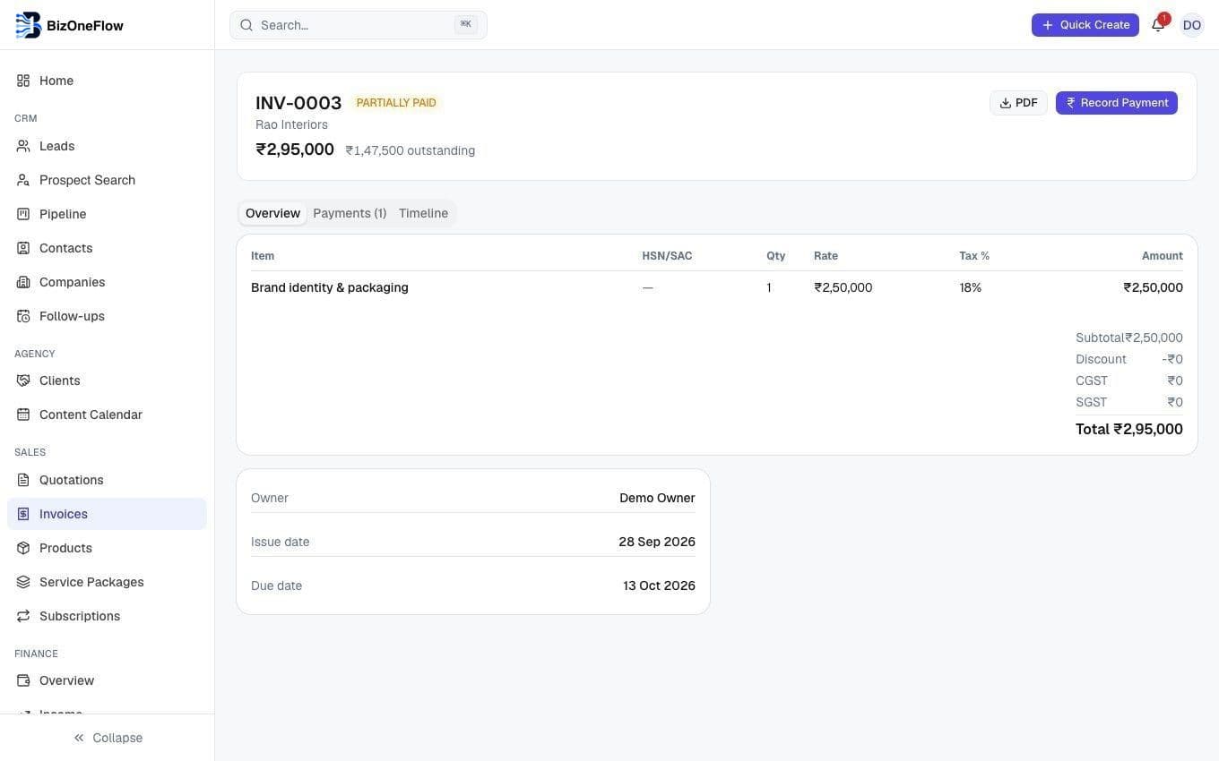 Invoice with GST breakdown, items and payment history
