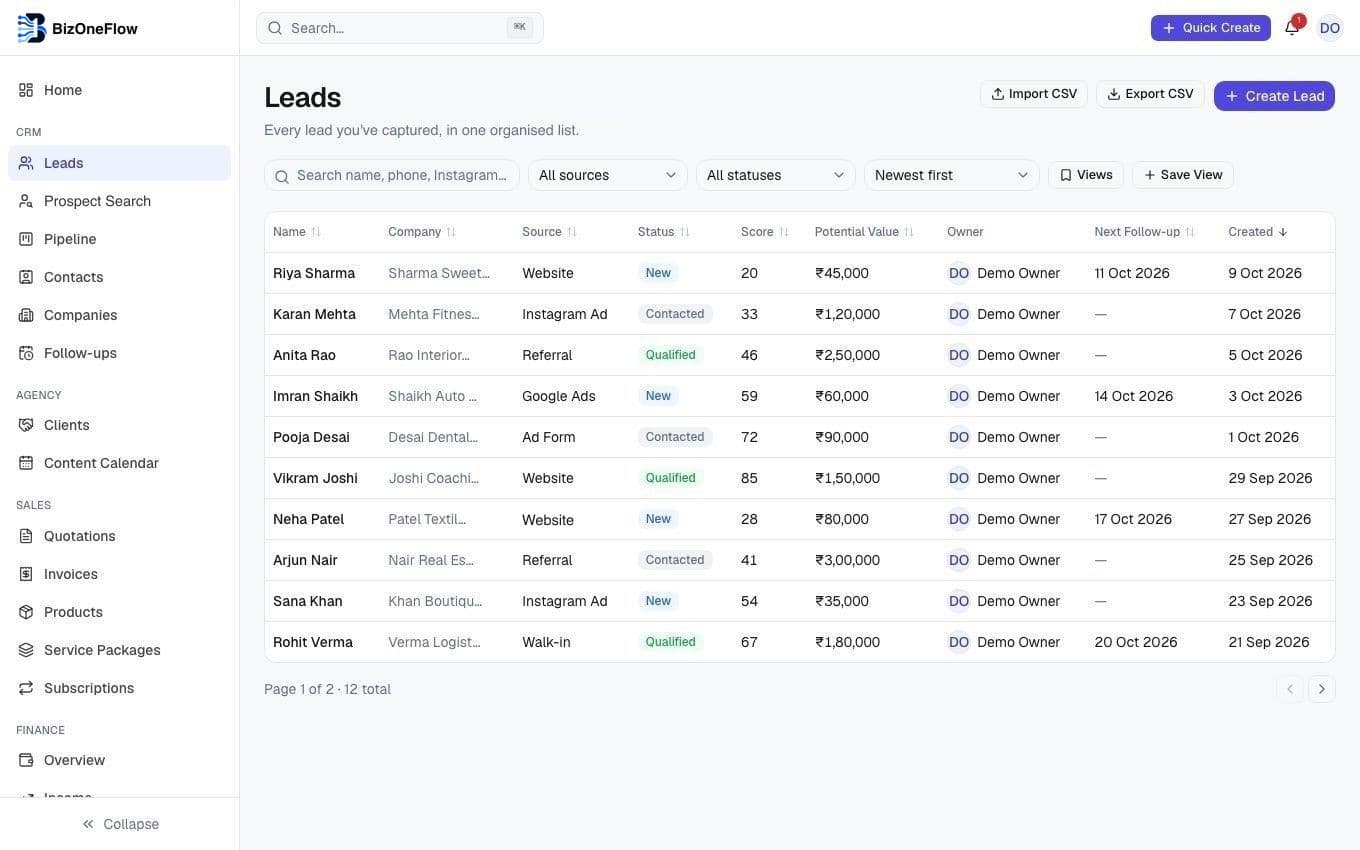 Leads list with status, source, owner and potential value
